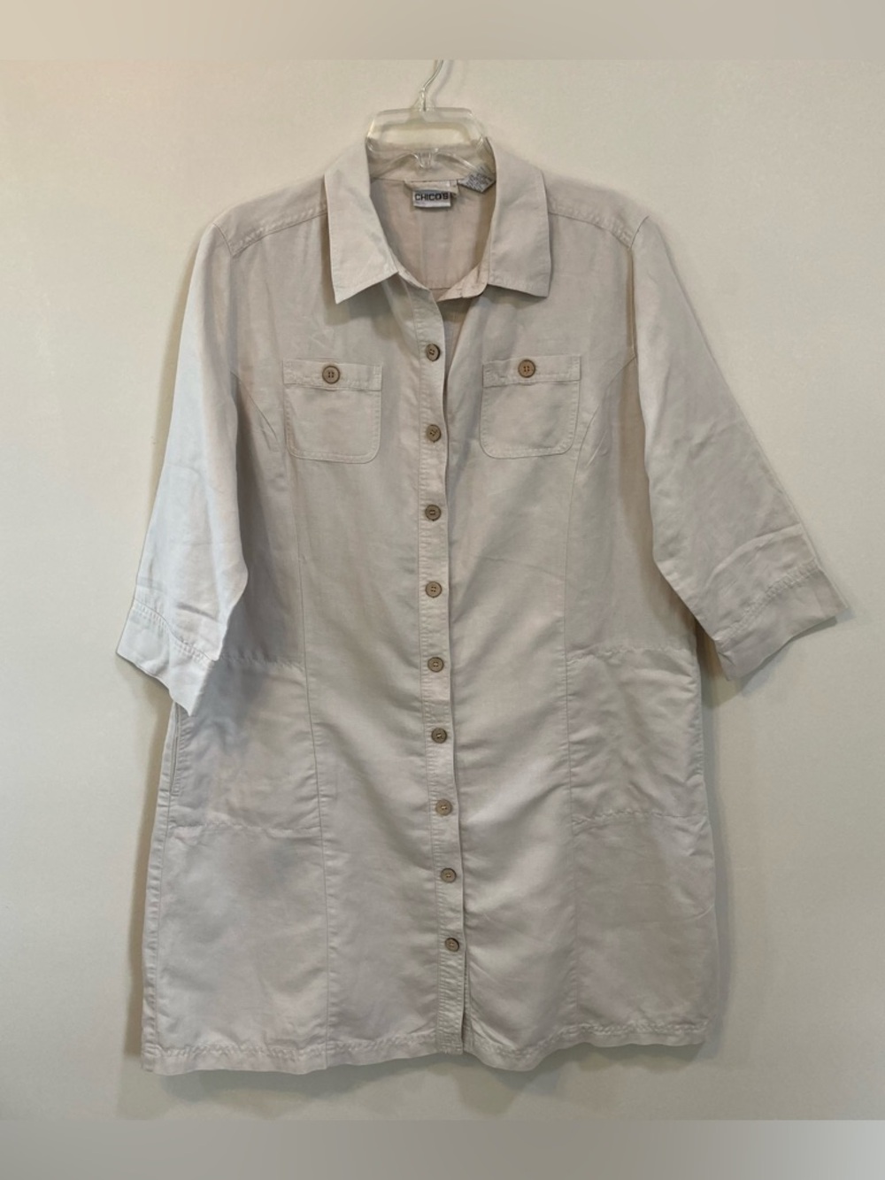 Chico's Linen Blend Button Down Sz 3 (XL) Womens Dress 3/4 Sleeve Khaki Pockets